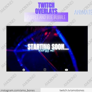 Peut inclure: Superposition animée Twitch avec un design de bulle violette et bleue. Le texte "STARTING SOON... Wait for me!" est affiché sur un fond noir.