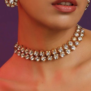 Gold Tone Emerald Kundan Choker / Indiase sieraden / CZ sieraden / Kundan parel sieraden / Indiase choker / cadeau voor haar/bruiloft sieraden afbeelding 2