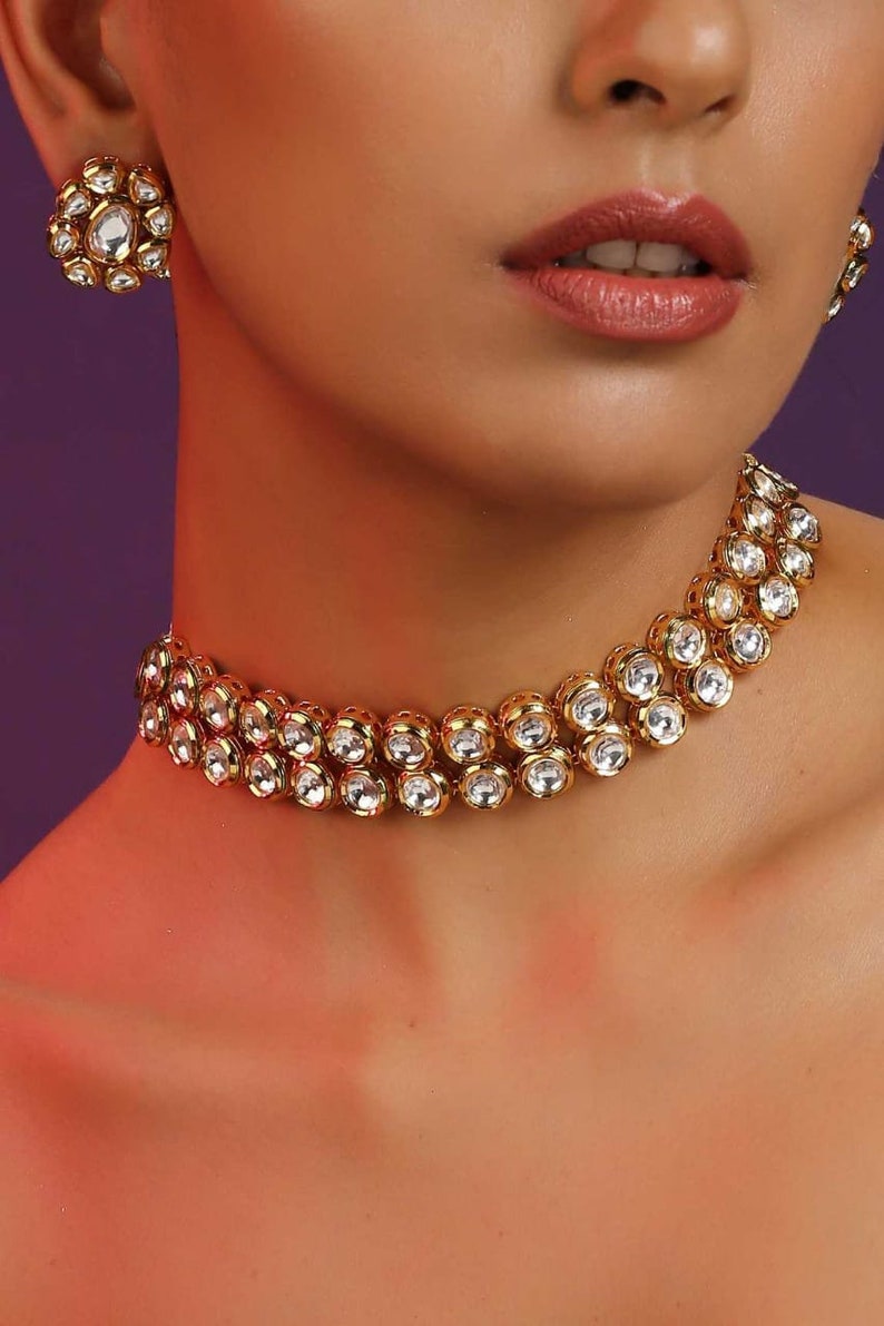 Gold Tone Emerald Kundan Choker / Indiase sieraden / CZ sieraden / Kundan parel sieraden / Indiase choker / cadeau voor haar/bruiloft sieraden afbeelding 2