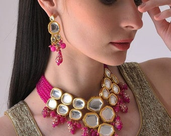 AD Gold Kundan Choker/ Pearl Choker Necklace/Pink  Necklace/ Indian Wedding Jewelry/ South Indian Temple Jewelry Ruby Diamond Choker