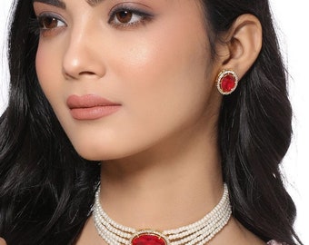 Gold Tone Emerald Green Kundan Choker/ Indian Jewelry/ American Diamond/ CZ Jewelry/ Kundan Pearl Jewelry/ Indian Choker/ CZ Diamond Earring