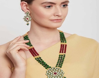 Long Polki Necklace- Pakistani Jewelry-Kundan Necklace Set w/Earrings-Meenakari Pearl Cluster Necklace-Semiprecious Red Onyx Beaded Necklace