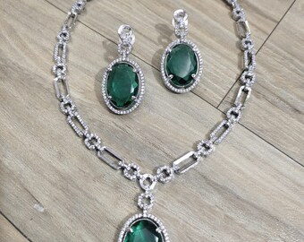 White Tone Emerald Cz Long Necklace Set, Indian Wedding, Crystal Necklace, Bridesmaid Gift, American Diamond, Diamond Necklace