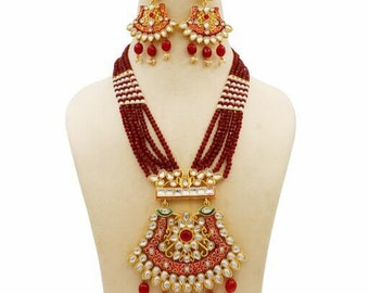 Long Polki Necklace- Pakistani Jewelry-Kundan Necklace Set w/Earrings-Meenakari Pearl Cluster Necklace-Semiprecious Red Onyx Beaded Necklace