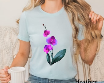 Orchid Flower Shirt for Women, Botanical Illustration T-Shirt, Unique Floral Tee for Her, Best Seller, Bella Canvas 3001,  Gardening Gift.