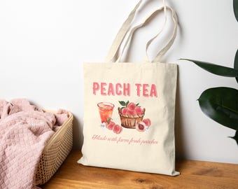 Vintage Peach Tea Cotton Canvas Tote Bag - Farm Fresh Peaches, Retro Grocery Bag, Eco-Friendly Shopping Tote, Farmers Market Purse, Reusable