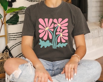 Abstraktes Blumen-Shirt für Frauen, künstlerisches Blumen-Shirt, Retro-Blumen-T-Shirt, Komfort-Farben-T-Stück, Gänseblümchen-Shirt für Frauen, niedliches Gänseblümchen-T-Shirt.