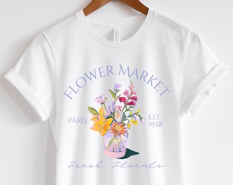 T-shirt du marché aux fleurs de Paris, T-shirt à fleurs de style vintage, chemise à fleurs fraîches, cadeau pour les amateurs de fleurs, esthétique vintage de Paris, chemise Cottagecore.