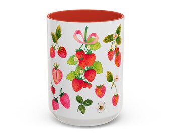 Large 15oz Accent Coffee Mug, Cute Strawberry Coffee Mug, Kawaii Strawberry Mug, Fruit Themed Kitchen Accessories, Large Mug for Tea, Gifts.