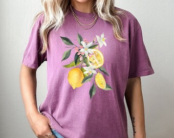 Camiseta con estampado de flores de limón para mujer, camiseta con diseño de jardín botánico para ella, camiseta Comfort Colors, camiseta con ilustración botánica, superventas.