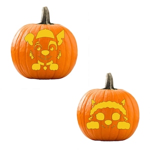 May include: Two orange pumpkins carved with yellow character designs. One pumpkin features a dog-like character wearing a hat, and the other has a cat-like character with a headband. Both are Halloween decorations.