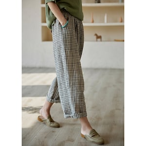 100% Linen Maxi gingham Pants with pockets| | summer boho Wide Leg Linen Pants | Gift for her