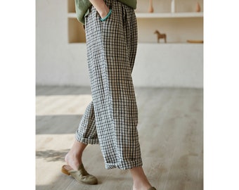 100% Linen Maxi gingham Pants with pockets| | summer boho Wide Leg Linen Pants | Gift for her