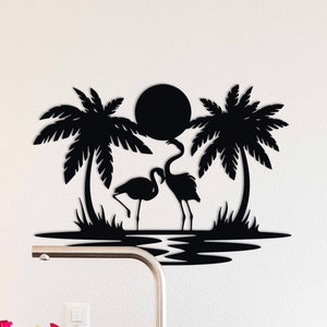 Enseigne de coucher de soleil en métal avec palmier flamant rose, décoration murale palmier en métal, décoration de maison, cadeaux de pendaison de crémaillère, oeuvre d'art murale de salon et chambre à coucher
