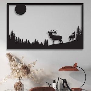 Arte de pared de metal del bosque, decoración de la pared de la granja colgante de la pared de los ciervos, decoración de interiores, regalo de bienvenida, signos de animales