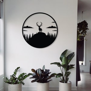 Decorazione da parete in metallo con motivo montagna e foresta con cervi, decorazione da parete in metallo con motivo foresta, decorazione da parete con tema natura, regalo di inaugurazione della casa, decorazione da parete con tema cervi e foresta