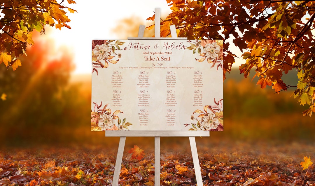 Round Table Plan Sign Autumn Floral Wedding Table Plan Sign: Personalized Foamex Board ...