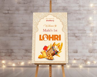 May include: A welcome sign for a Lohri celebration, featuring a traditional dhol drum, a silhouette of people dancing, and the text "Welcome to Mahi's 1st Lohri".