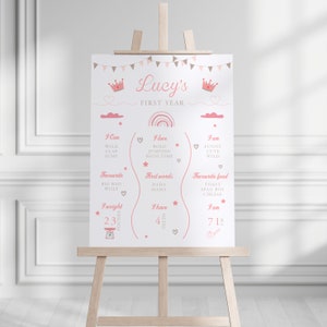 May include: A pink and white printable chart for a baby's first year. The chart includes information about the baby's milestones, such as weight, height, favourite foods, and first words. The chart is decorated with pink crowns, hearts, and stars.