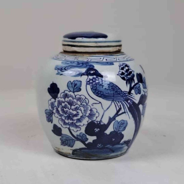 Vintage blauwe en witte aandenkenpot, porseleinen Chinese dekselvaas, antieke Chinese porseleinen theebladpot, handbeschilderd, gemberpot