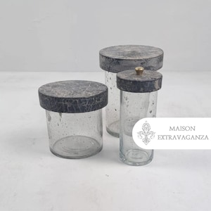 Mouthblown glass storage jars with lids, Set of 3 decorative storage lidded storage jars, wooden lids. Set vintage glass storage jars