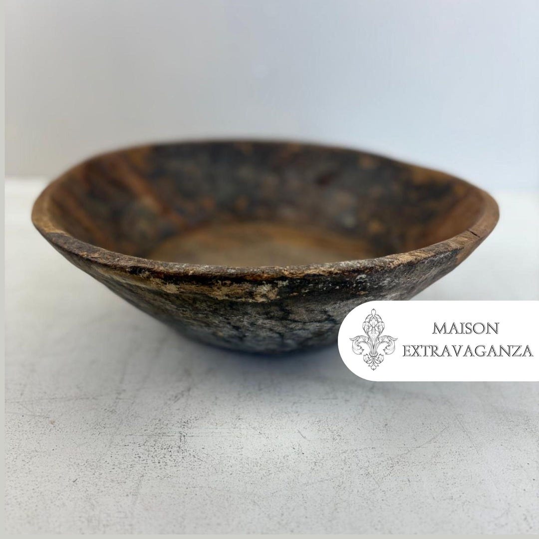 ヴィンテージの手彫り木製ボウル（35cm）：素朴なホームデコレーション