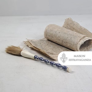 Vintage Chinese Calligraphy Brush Handcrafted Bone, Wood & Semi-Precious Stones 25cm Unique Decor Piece for Collectors or Decor Enthusiasts