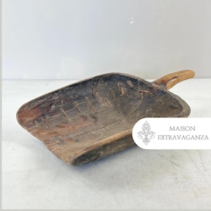 Antique French Wooden Grain Scoop: Rustic Farmhouse Decor