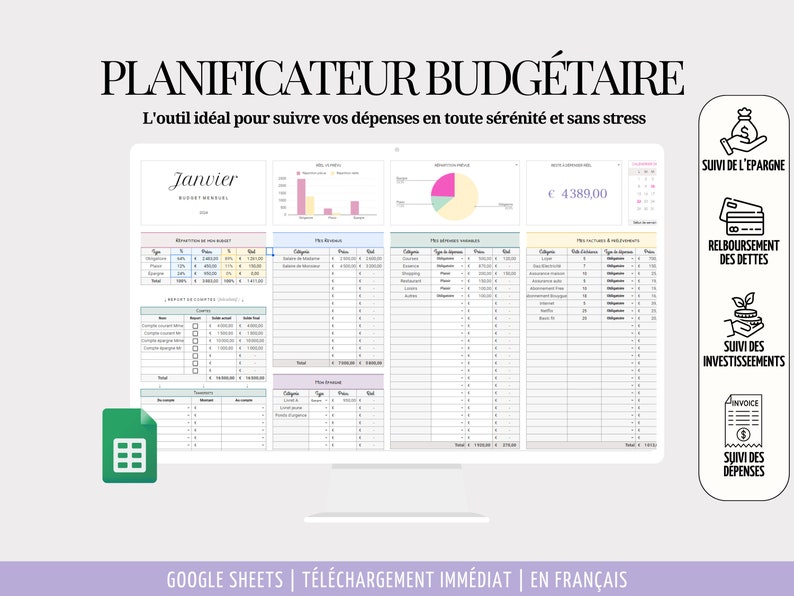 BUDGET PLANNER DIGITAL Finances Personnelles & Couple Suivi automatisé des Dépenses, Épargne, Investissements, Dettes image 1