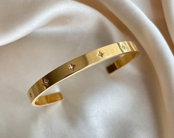 Gold Bangle Cz North Star Cuff | Boho 18k Gold Plated Minimal Bracelet | Statement Stackable Bangle Bracelet