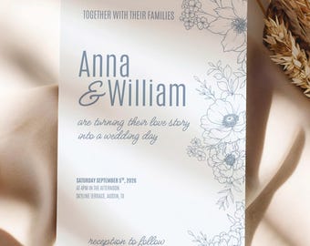 Plantilla de invitación de boda floral azul polvoriento: arte lineal elegante, invitación imprimible, invitación de boda minimalista, descarga de bricolaje bohemio