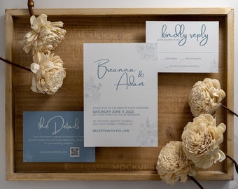 Invitación de boda minimalista en azul polvoriento, plantilla de Canva con diseño floral lineal, descarga de invitación editable moderna