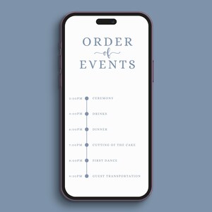 May include: A smartphone screen displaying a wedding order of events timeline. The timeline includes the ceremony, drinks, dinner, cutting of the cake, first dance, and guest transportation. The times are listed in the afternoon and evening.
