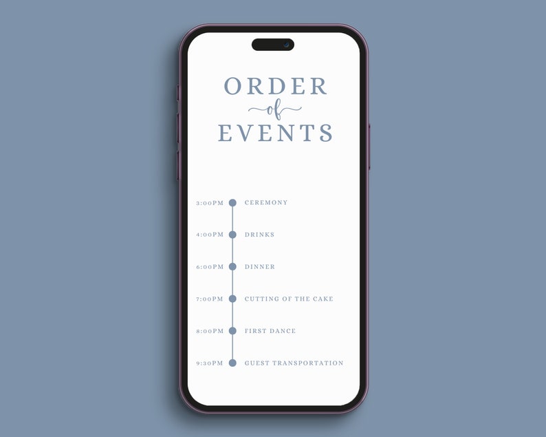 May include: A smartphone screen displaying a wedding order of events timeline. The timeline includes the ceremony, drinks, dinner, cutting of the cake, first dance, and guest transportation. The times are listed in the afternoon and evening.