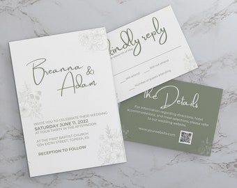 Plantilla de invitación de boda con diseño de salvia: Elegante conjunto floral (Canva editable)