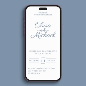May include: A mobile phone screen displaying a wedding invitation for Olivia and Michael. The invitation is for a wedding ceremony on June 11, 2025, at 3 PM at the Cloverleaf Farm in Athens, GA.