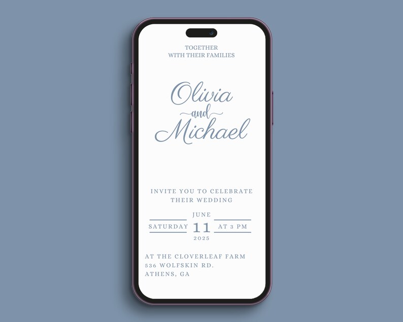 May include: A mobile phone screen displaying a wedding invitation for Olivia and Michael. The invitation is for a wedding ceremony on June 11, 2025, at 3 PM at the Cloverleaf Farm in Athens, GA.
