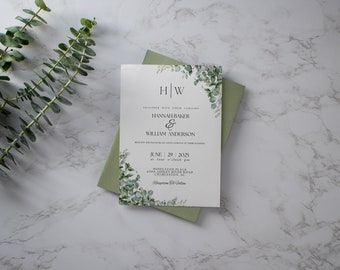 Invitación de boda de eucalipto: invitación con vegetación y reserva la fecha (descarga digital, 5x7)