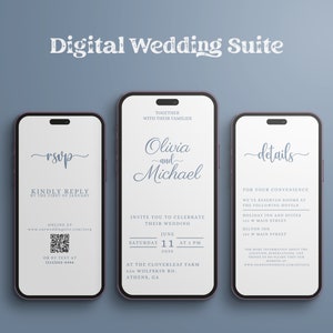 May include: Three digital wedding invitation cards on a blue background. The first card says "RSVP" and includes a QR code and text for online and text RSVP. The second card says "Olivia and Michael" and includes the wedding date and time, location, and address. The third card says "details" and includes information about hotel accommodations and a website address.
