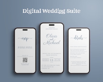 Plantilla de invitación de boda digital con confirmación de asistencia, detalles y programa de la boda. Invitación azul polvoriento