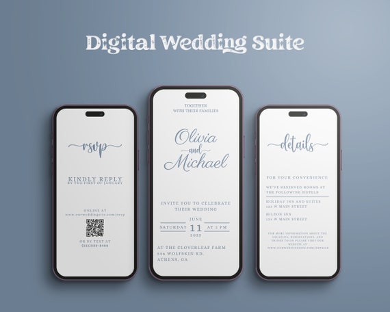 Digital wedding invitation template with RSVP, details, and wedding program. Dusty blue invite