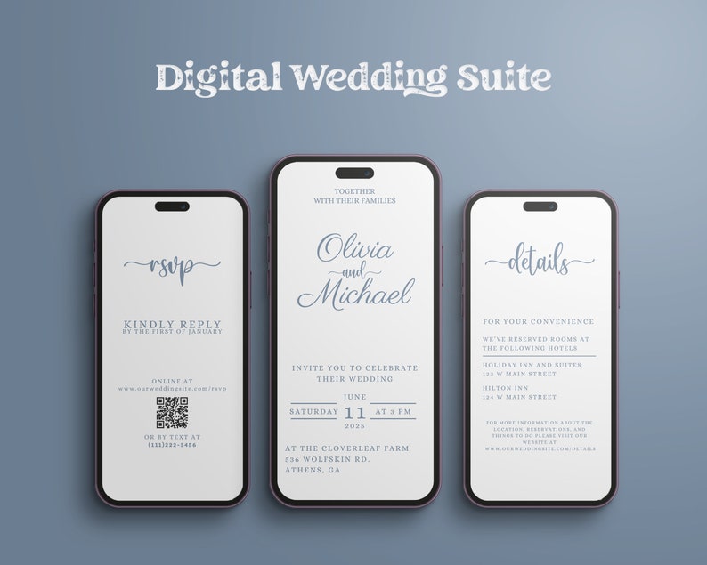 May include: Three digital wedding invitation cards on a blue background. The first card says "RSVP" and includes a QR code and text for online and text RSVP. The second card says "Olivia and Michael" and includes the wedding date and time, location, and address. The third card says "details" and includes information about hotel accommodations and a website address.