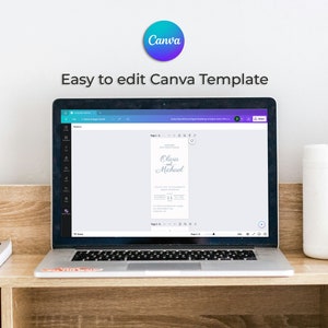 May include: A laptop computer displaying a Canva template for a wedding invitation. The template is white with a blue script font that says "Olivia & Michael".