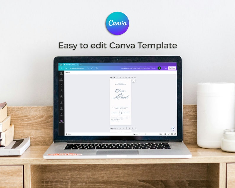 May include: A laptop computer displaying a Canva template for a wedding invitation. The template is white with a blue script font that says "Olivia & Michael".