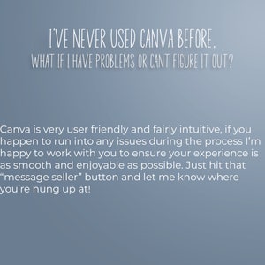 May include: Text on a blue background that reads "I've never used Canva before. What if I have problems or can't figure it out?"  The text below explains that Canva is user-friendly and provides instructions on how to contact the seller if you have any issues.