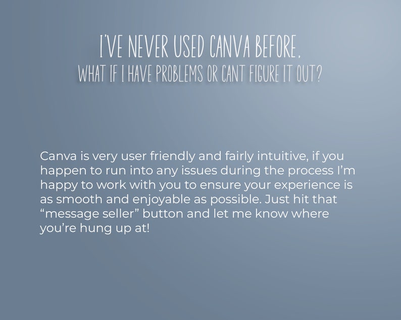 May include: Text on a blue background that reads "I've never used Canva before. What if I have problems or can't figure it out?"  The text below explains that Canva is user-friendly and provides instructions on how to contact the seller if you have any issues.