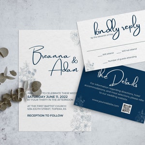 Navy blue wedding invitation suite template for Canva with matching details and RSVP cards