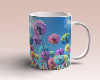 Envoltura de taza con dientes de león coloridos en 3D, plantilla de taza de 11 oz y 15 oz, diseño de sublimación de taza con dientes de león, envoltura de taza, plantilla PNG de descarga digital instantánea