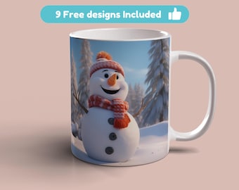 Emballage de tasse 3D bonhomme de neige arbres de Noël, modèle de tasse 11 oz 15 oz, conception de sublimation de tasse de Noël bonhomme de neige 3D, téléchargement numérique instantané PNG