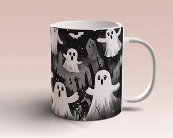 Vintage Hallowen Ghost Spooky mok wrap 11 oz mok 15 oz mok sjabloon mok sublimatie ontwerp mok wrap sjabloon instant digitale download, png